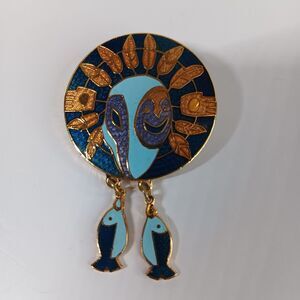 Vtg Barbara Lavallee Cloisonne Enamel Brooch Pin Boho Bohemian Fish Dangle Round
